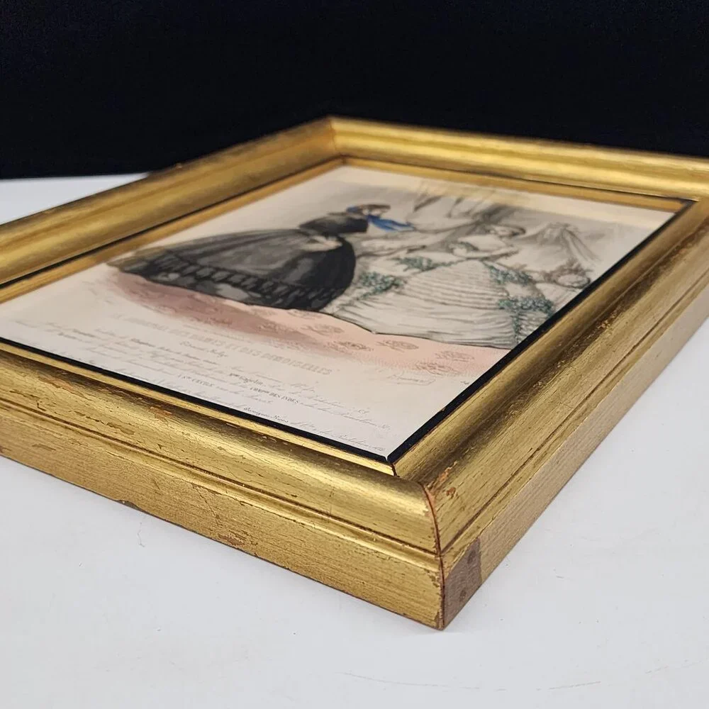 Antique Gilt Wood Picture Frame 1800's Paris Fashion Lithograph 8x10 Belge - Picture 12 of 12